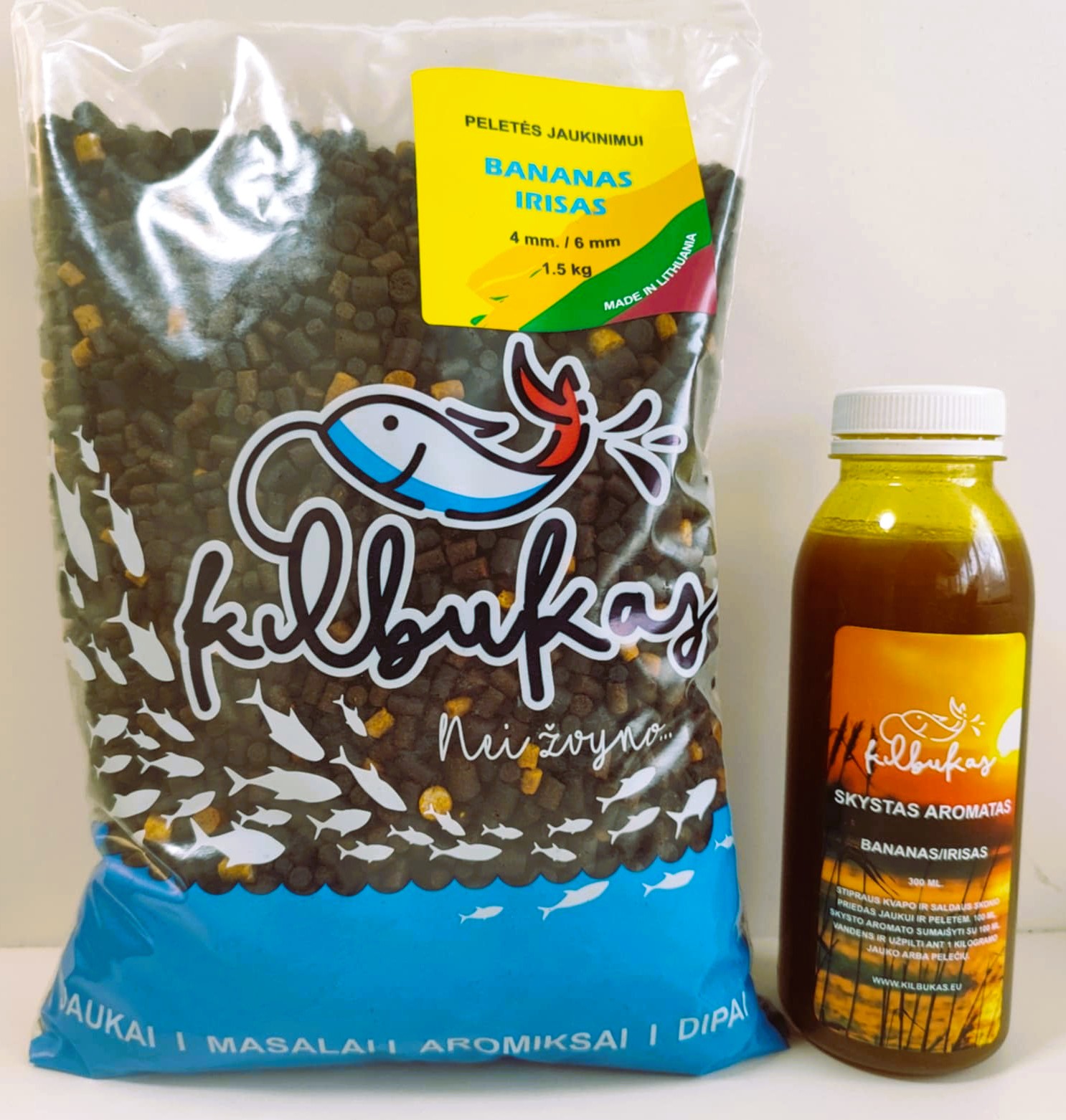 Peletės jaukinimui 1,5 kg. / Skystas aromatas 300 ml.